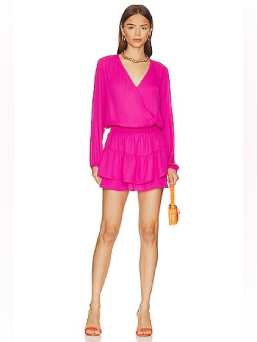 Hot Pink Long-Sleeve Mini Dress with Tiered Skirt